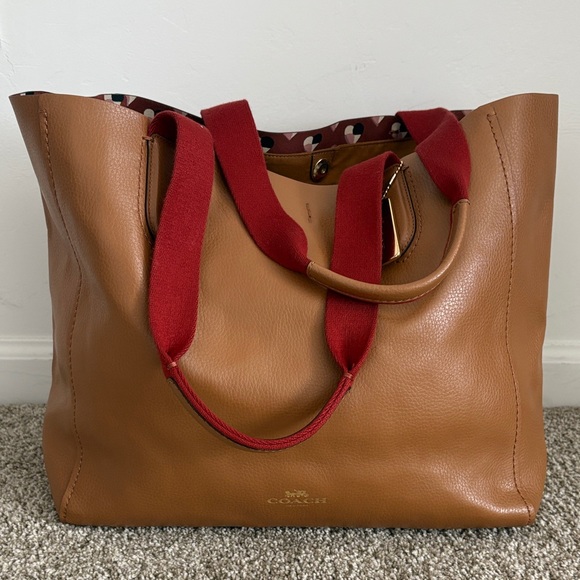 Coach Tan Leather Tote with Red Handles - Picture 1 of 7